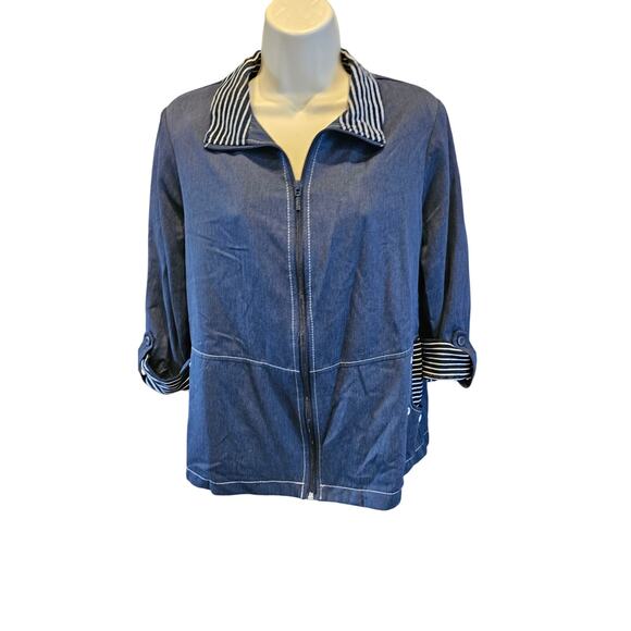 Allison Daley sz 10 navy blue mixed media shaket full zip EUC 3/4 sleeve warm + - Picture 1 of 7